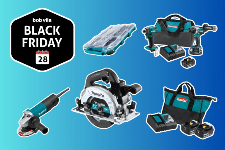 Makita power tools on blue background with black friday logo