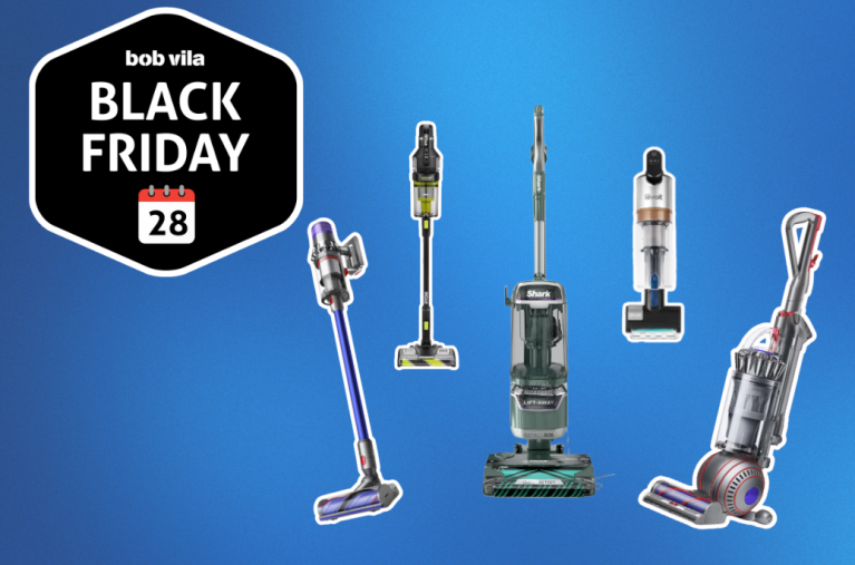 5 vacuums on blue background