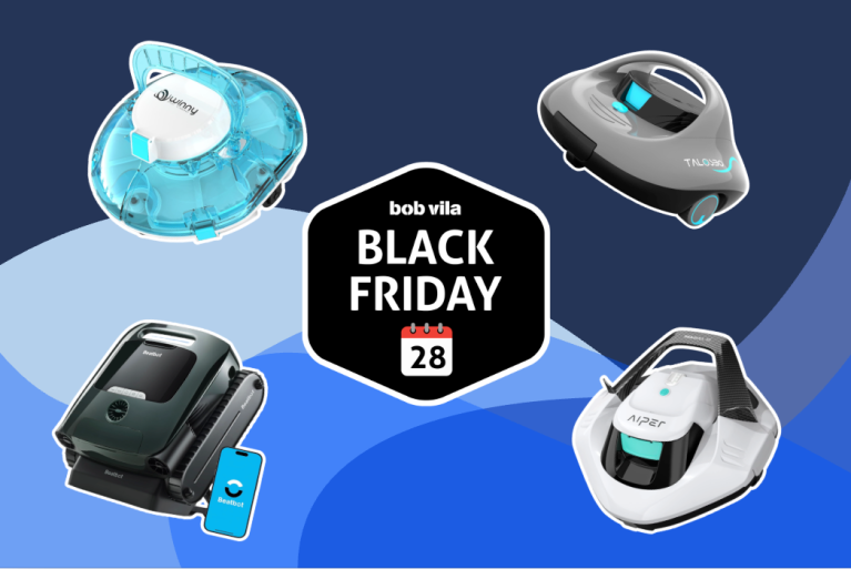 4 pool cleaners on a wavy blue background