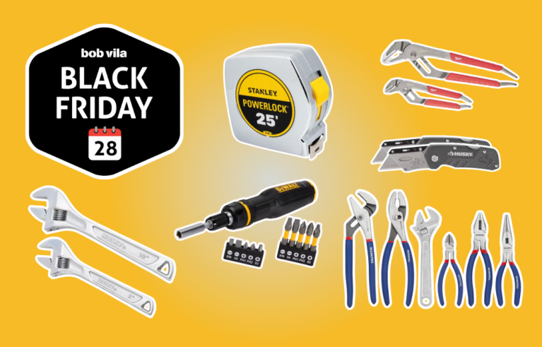 Wrenches, pliers, tape measure, and more tools on a yellow background