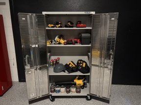 Seville Classics garage cabinet open and full