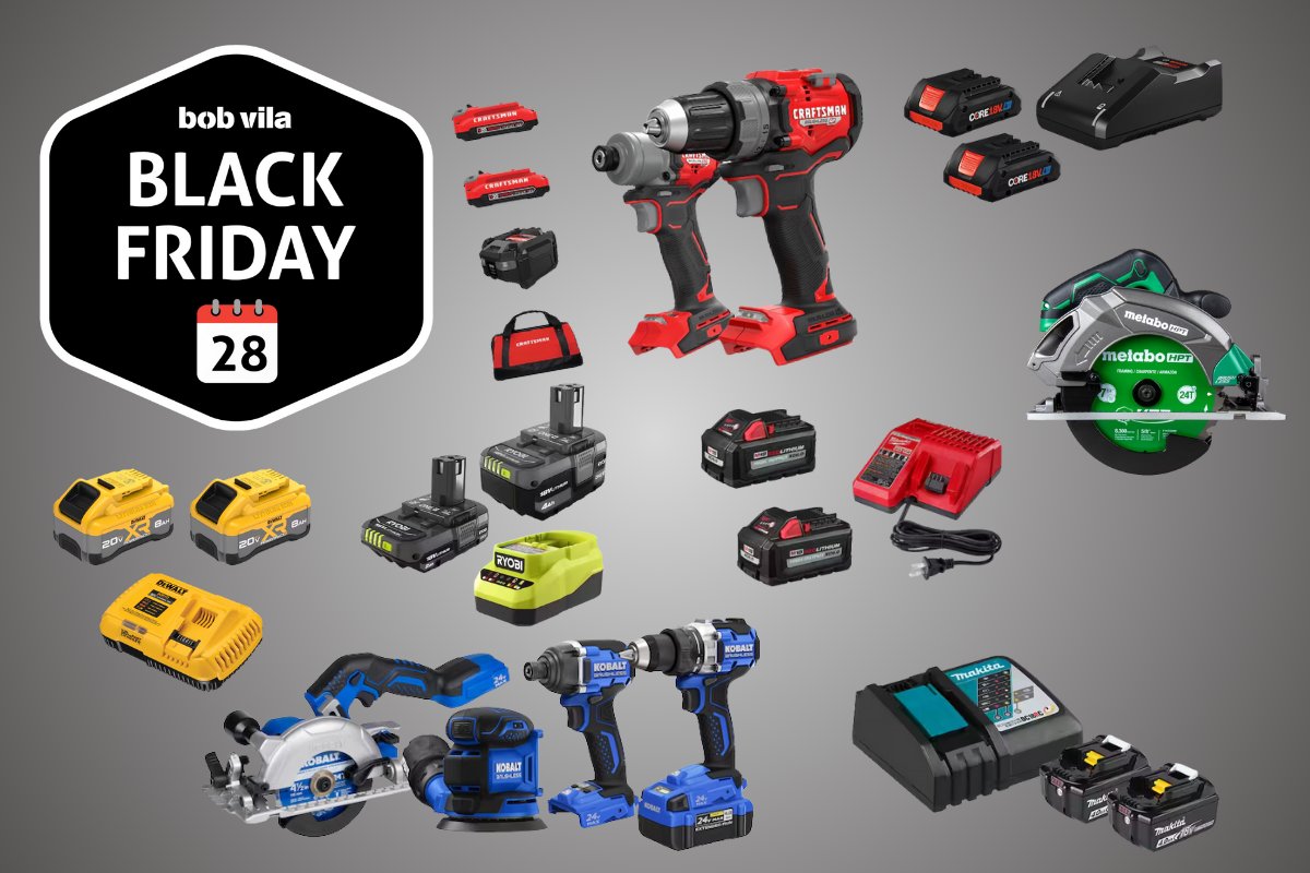 Multiple power tools and chargers on a grey background