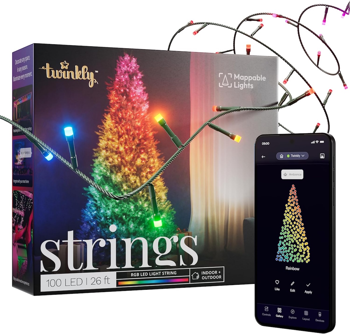 Twinkly Strings lights package and smartphone with lights outside of package.