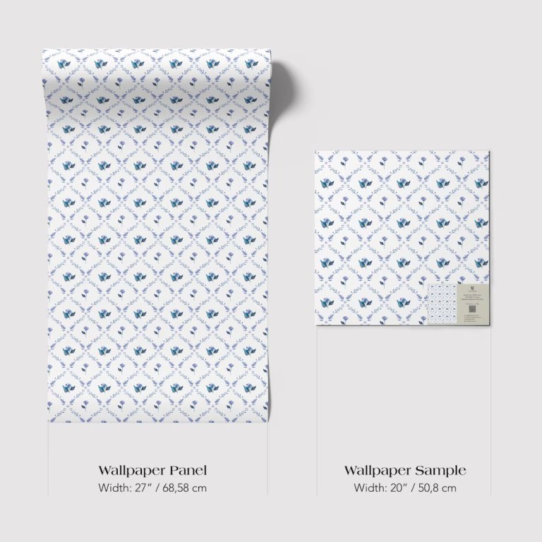 Vintage Floral Peel and Stick Wallpaper: White & Blue Cottagecore