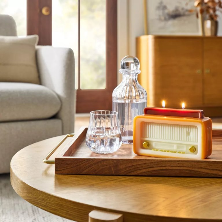 A vintage radio candle from Target's 2025 Hearth & Hand with Magnolia holiday collection.
