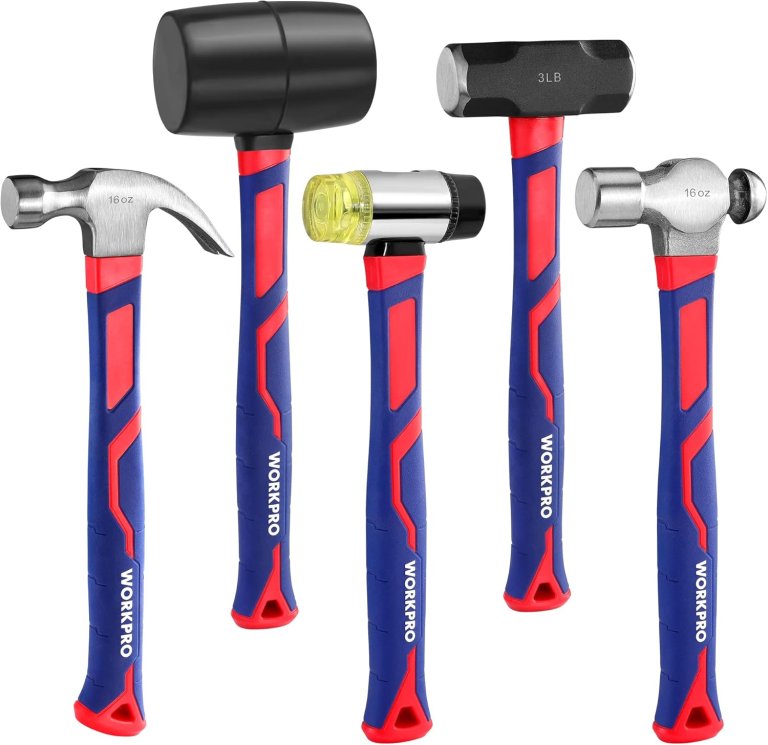 Five workpro hammers on a white background