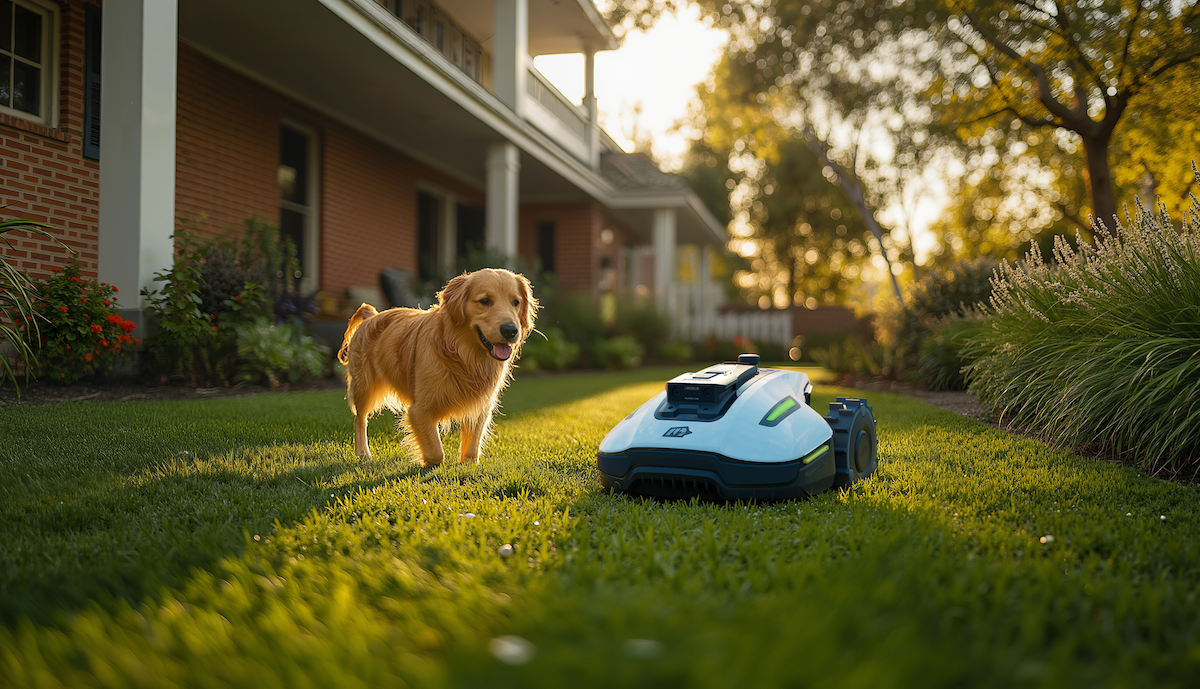 The YUKA mini robot mower from Mammotion mowing a small lawn with a dog nearby.