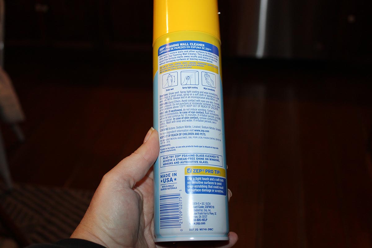Zep foaming wall cleaner back of can