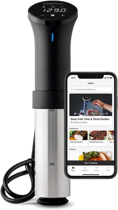Anova Sous Vide Precision Cooker and smartphone on a white background