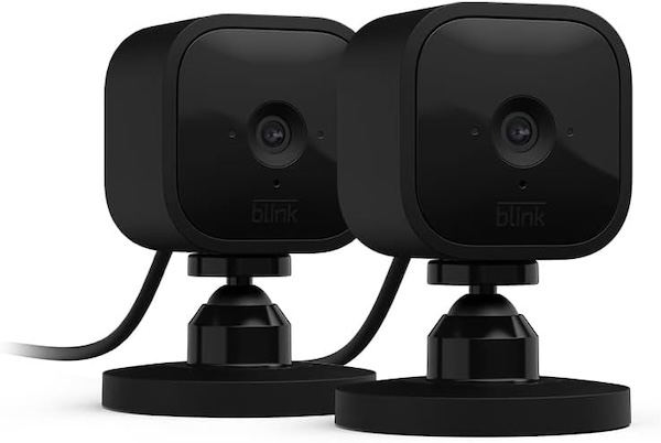 Two Black Blink Mini Cameras on a white background