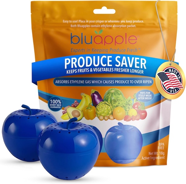 Bluapple Produce Saver package with two blue apples outside of package.