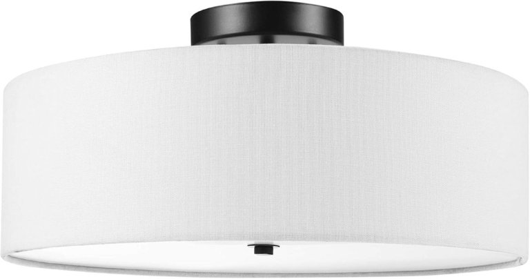 GLOBE Electric 60315 2-Light Flush Mount Ceiling Light, Dark Bronze Finish, White Linen Shade, Low Profile Drum Design, E26 Base, Dimmable