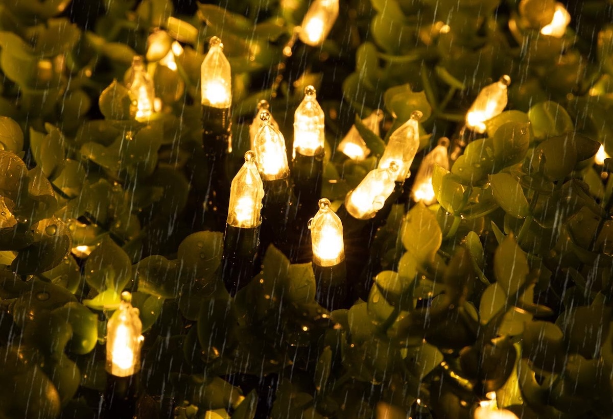 Minetom mini Christmas lights in warm white, sprinkled with rain.