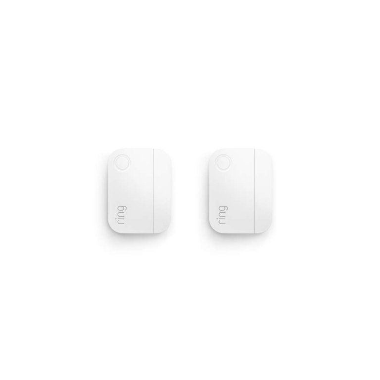 Two Ring alarm sensors on a white background