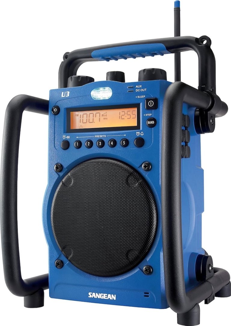 Sangean U3 jobsite radio in blue on a white background.
