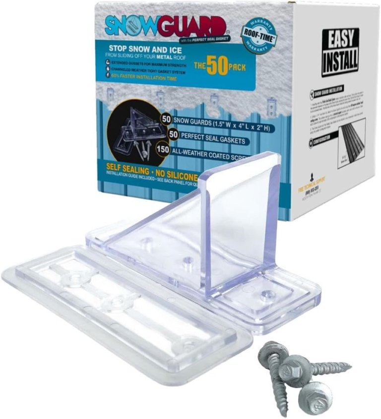 SNOWGUARD 50 Pack Snow Guards for Metal Roofs – with Perfect Seal Gaskets & Screws – Heavy-Duty Polycarbonate Snow Stops Prevent Sliding Snow & Ice – Roof Snow Retention System