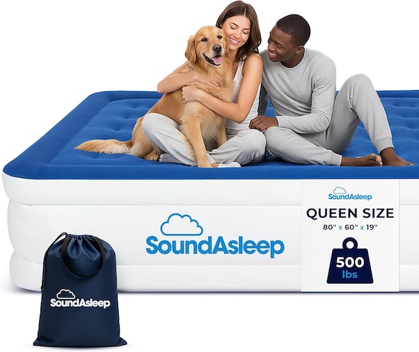 Two people and a dog on top of a SoundAsleep inflatable mattress.