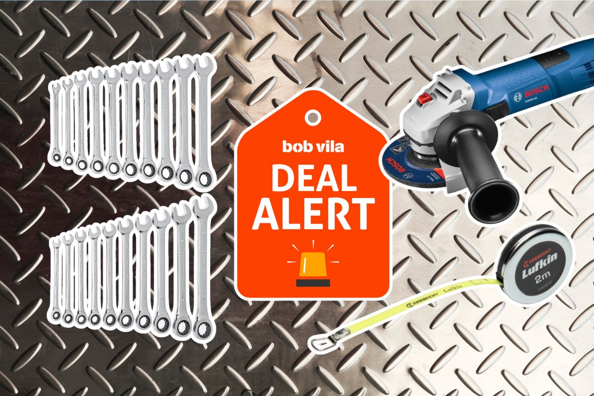 After-Christmas Tool Deals including a Bosch angle grinder, GearWrench ratcheting wrench combination wrench, and tape measure displayed on a textured metal background