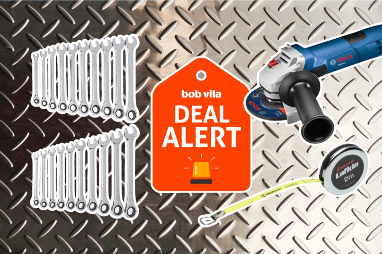 After-Christmas Tool Deals including a Bosch angle grinder, GearWrench ratcheting wrench combination wrench, and tape measure displayed on a textured metal background