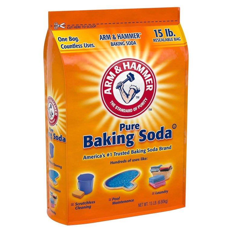 A bag of Arm & Hammer Pure Baking Soda on a white background