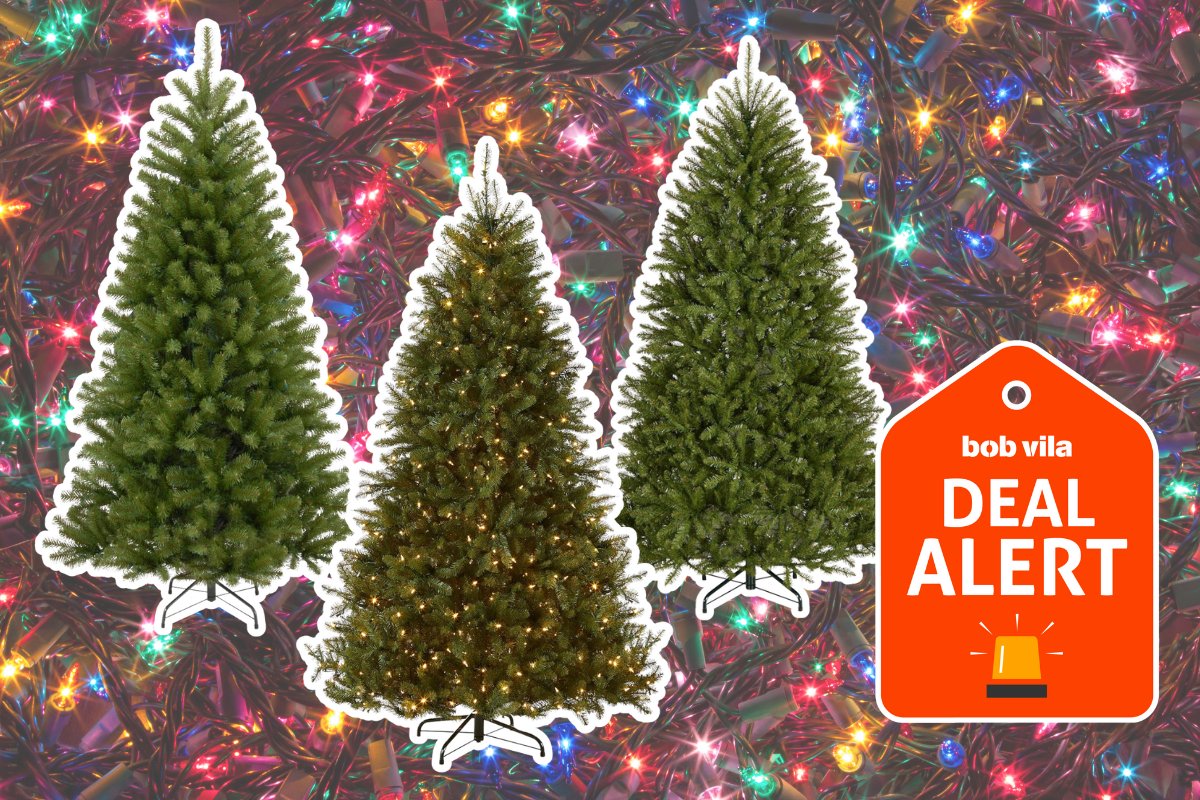 After-Christmas Deals on Artificial Christmas Trees, displayed on a background of tangled string lights