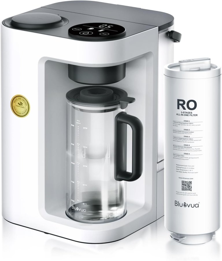 Bluevua Lite Countertop Reverse Osmosis System and a filter on a white background