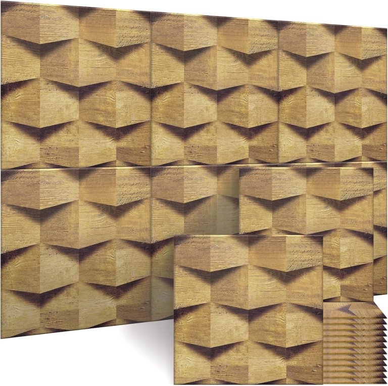 Bubos art acoustic panels, wood look, in a series of 6 against a white background.