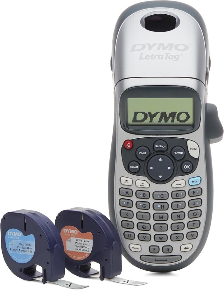 DYMO Letra Tag label maker with two cartridges, on a white background.