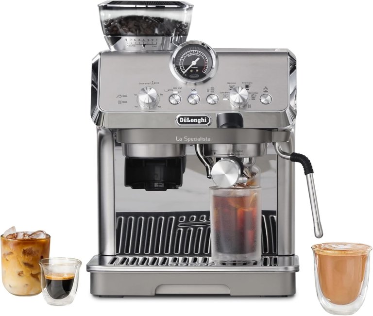 The De’Longhi La Specialista Arte Evo Espresso Machine on a white background with several cups of brewed coffee