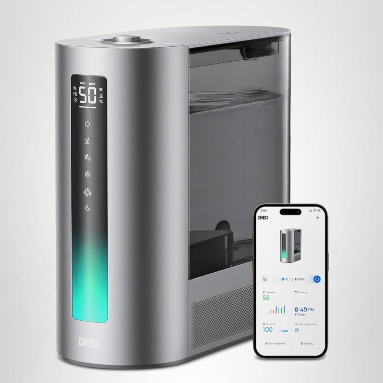 Dreo 6L warm and cool mist humidiifer with smartphone on a white background.