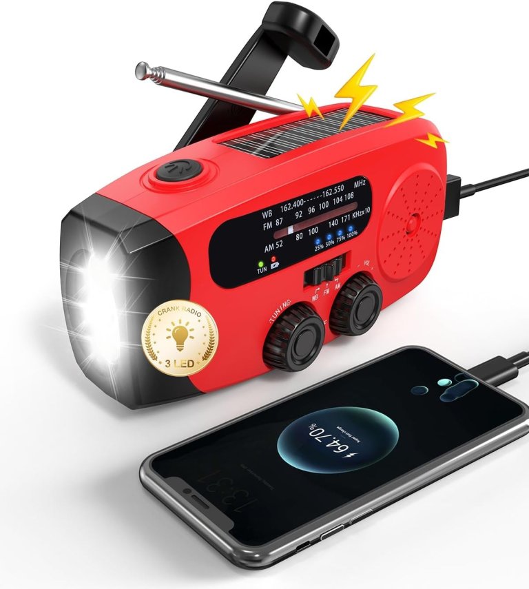 The Emgykit 086S Hand-Crank Emergency Radio and LED Light charging a phone while outputting a light on a white background
