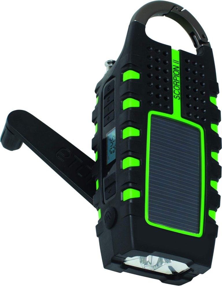 The Eton Scorpion II Portable Radio and LED Flashlight with the hand crank open on a white background
