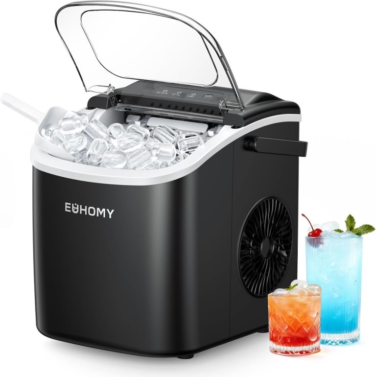 The Euhomy Dart H1 Bullet Ice Maker on a white background with two ice-filled drinks