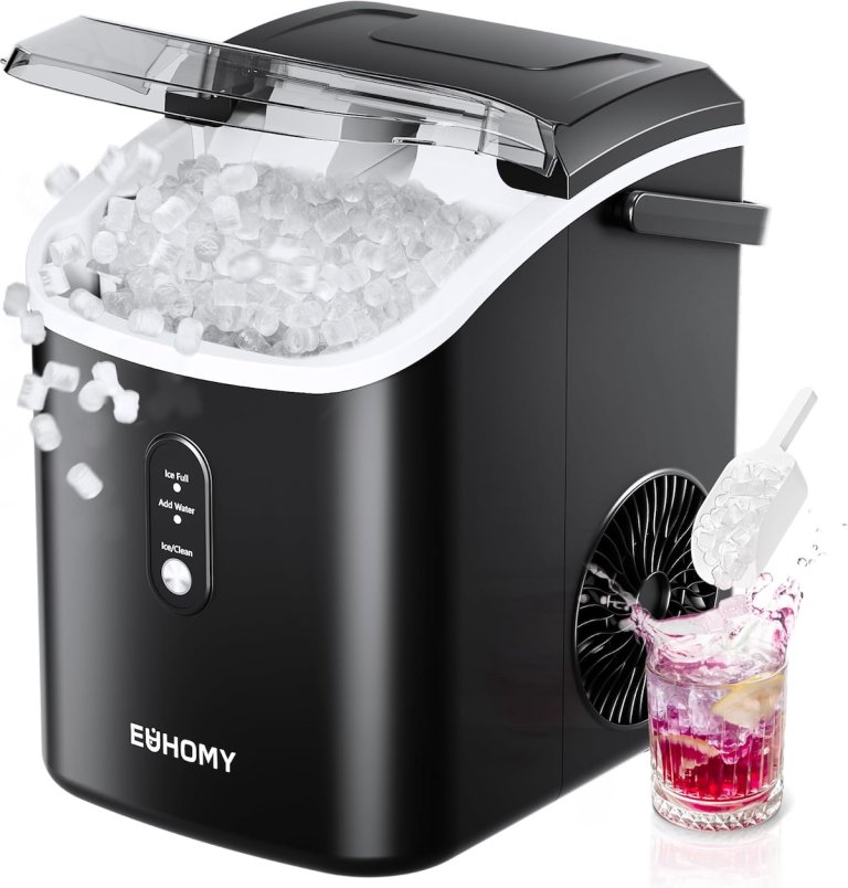 The Euhomy Pearl H1 Nugget Ice Maker on a white background with a iced drink by it