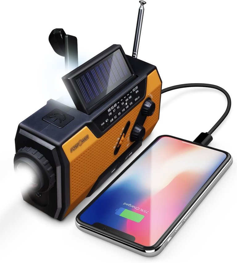 The FosPower AI Emergency Hand-Crank NOAA Radio and Light charging a phone while putting out a beam of light
