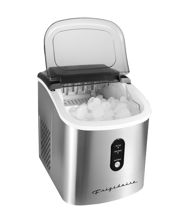 The Frigidaire 26-Pound Stainless Steel Ice Maker on a white background