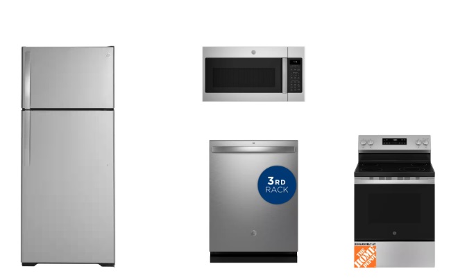 A fridge, microwave, dishwasher and oven on a white background