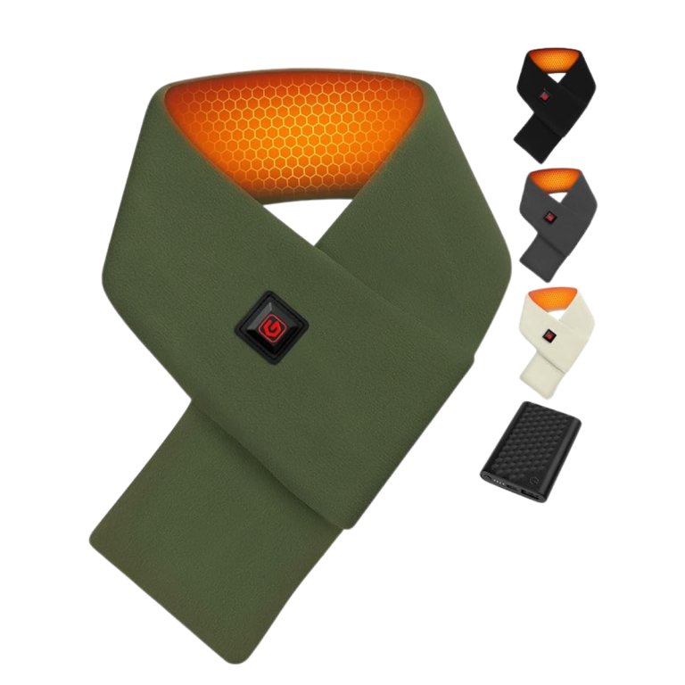 Genovega Heated Scarf large green, small black, gray, and off-white on white background