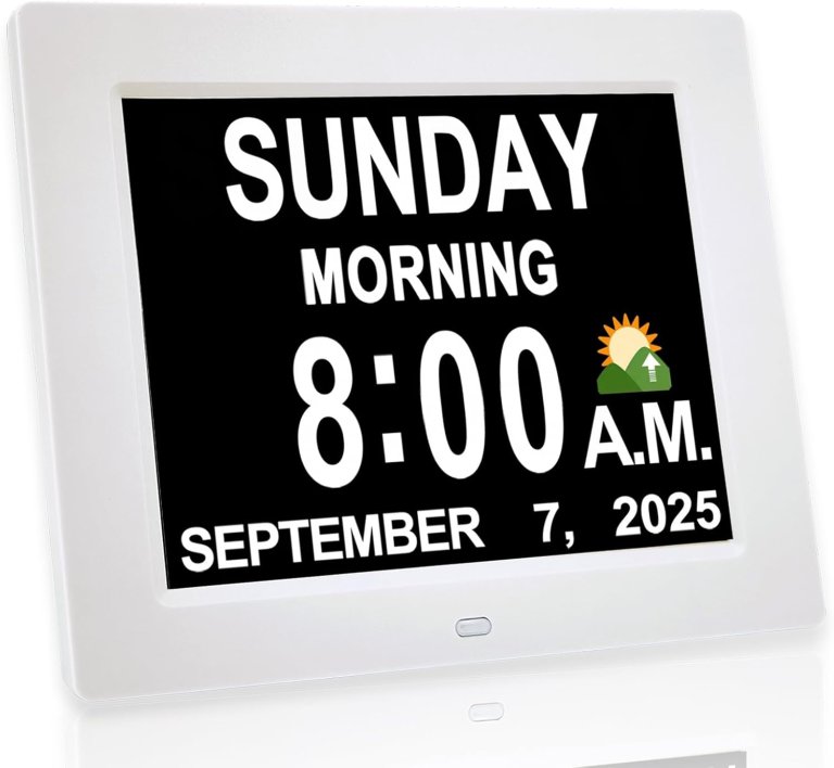 JALL Digital Calendar Alarm Day Clock showing the day, time of day, time, and date
