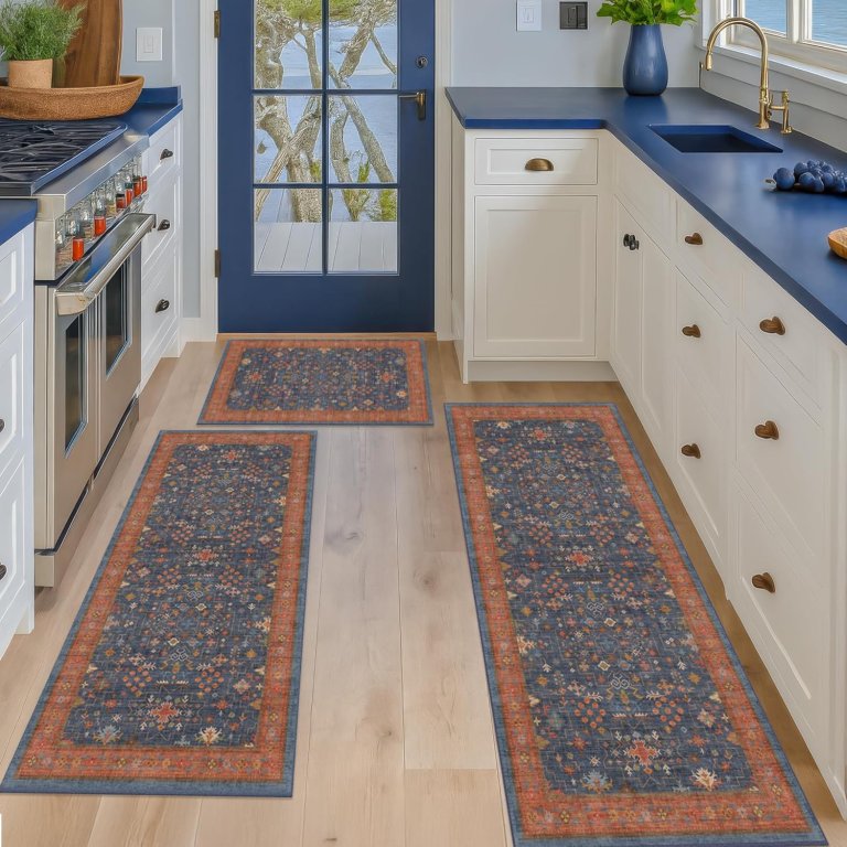 Three JTJ Washable Kitchen Runner Rugs in a kitchen