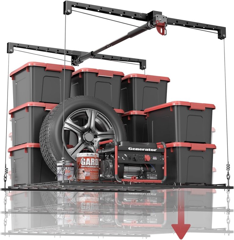 Kokoracker Overhead Garage Storage Lift with storage containers, tires, and generators
