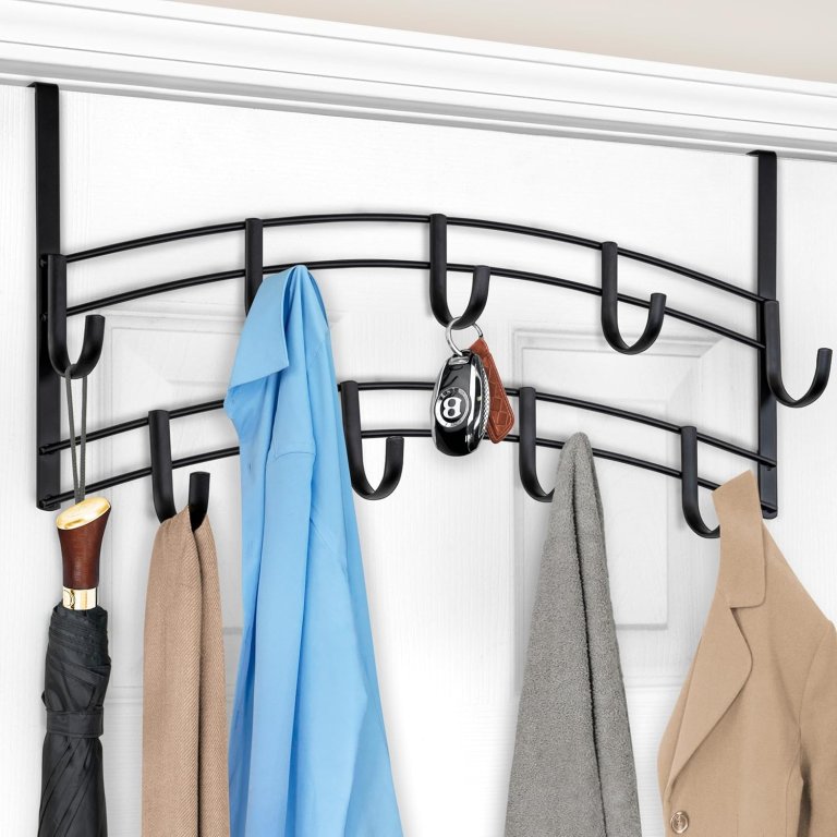 LYNK Professional Home Over Door Hooks Rack with shirts, keys, and an umbrella hanging from it