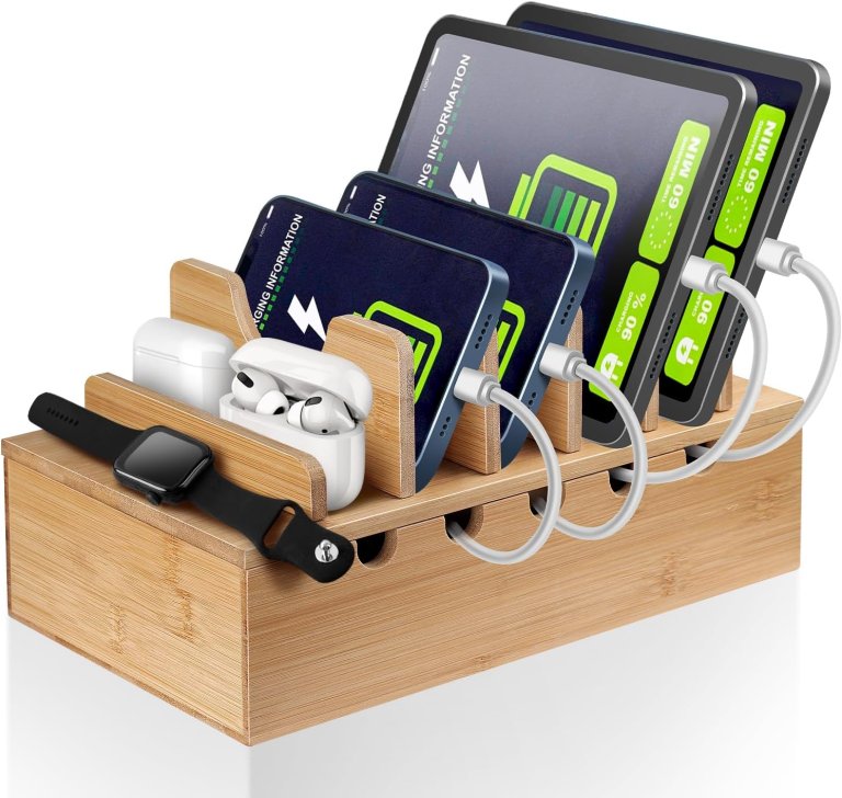 MINCORD Bamboo Charging Station with multiple devices plugged in and charging
