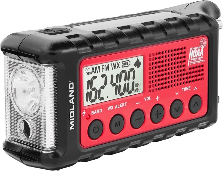 The Midland EMidland ER310 Portable Emergency Crank Radio and Flashlight on white background