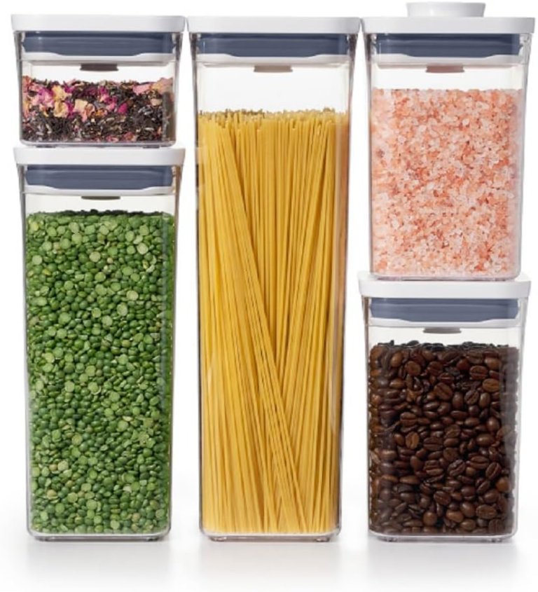OXO Good Grips POP Container Set with spaghetti, coffee beans, split peas, and salt