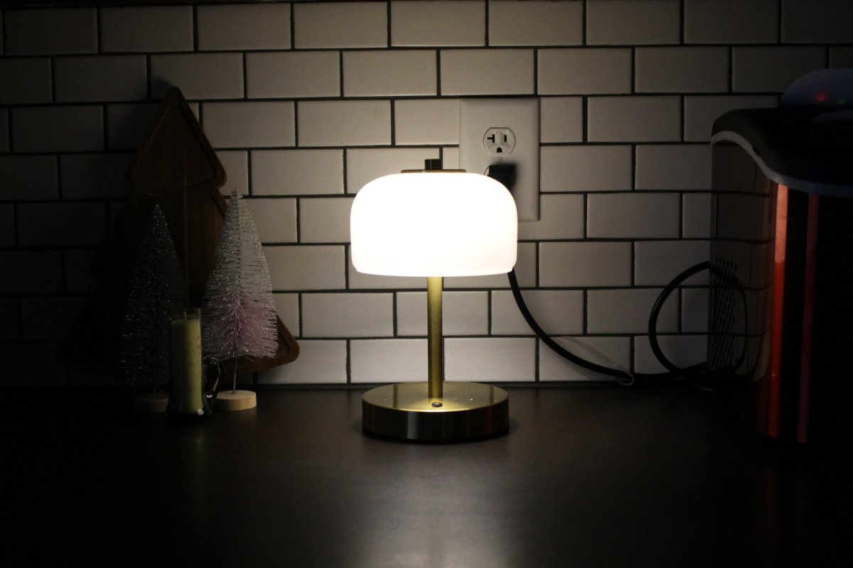 Oneach lamp sitting on kitchen counter