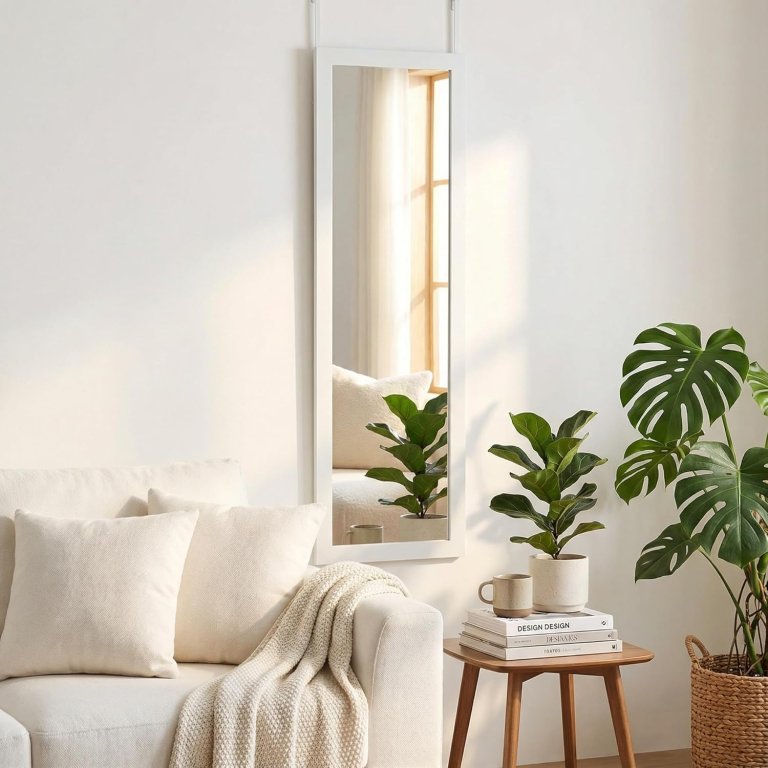 POMILER Over The Door Full-Length Mirror hanging on a white wall with a couch, side table, and plants