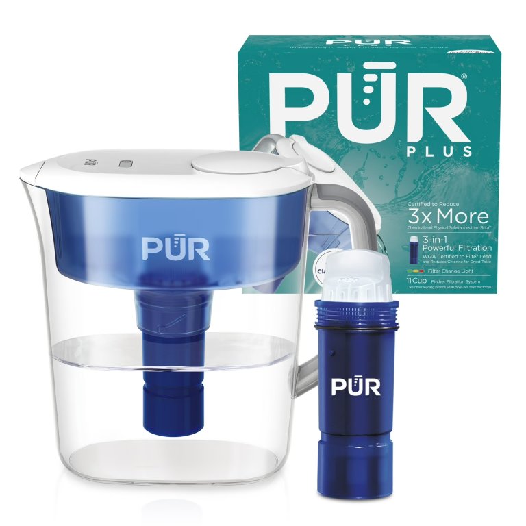 PUR PLUS 11-Cup Water Pitcher with Lead-Reducing Filter and the packaging on a white background