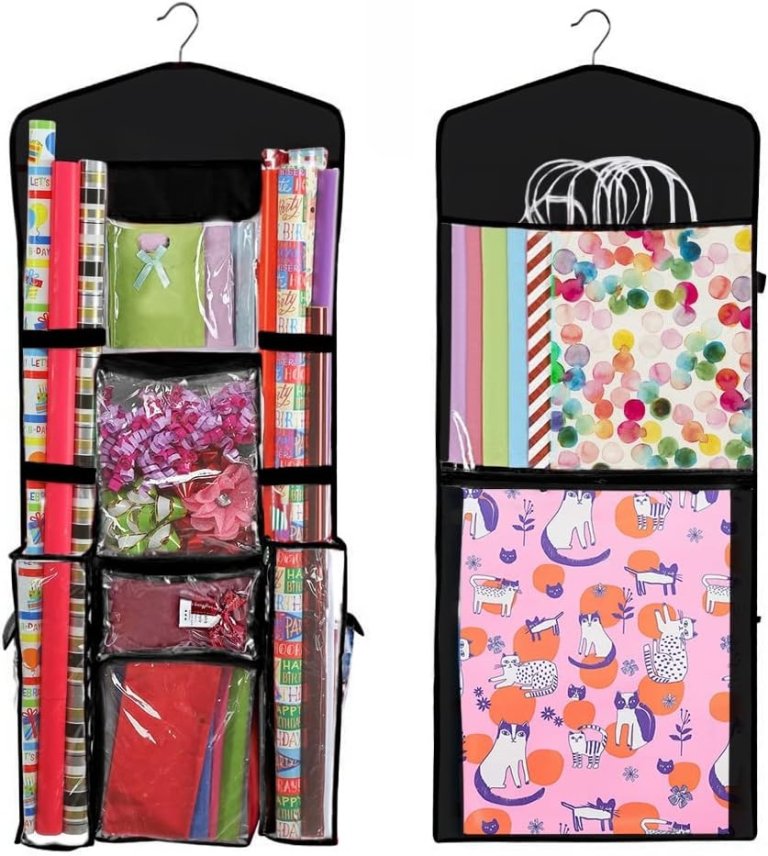 Primode two-sided hanging gift wrapping organizer in black, showing both sides.