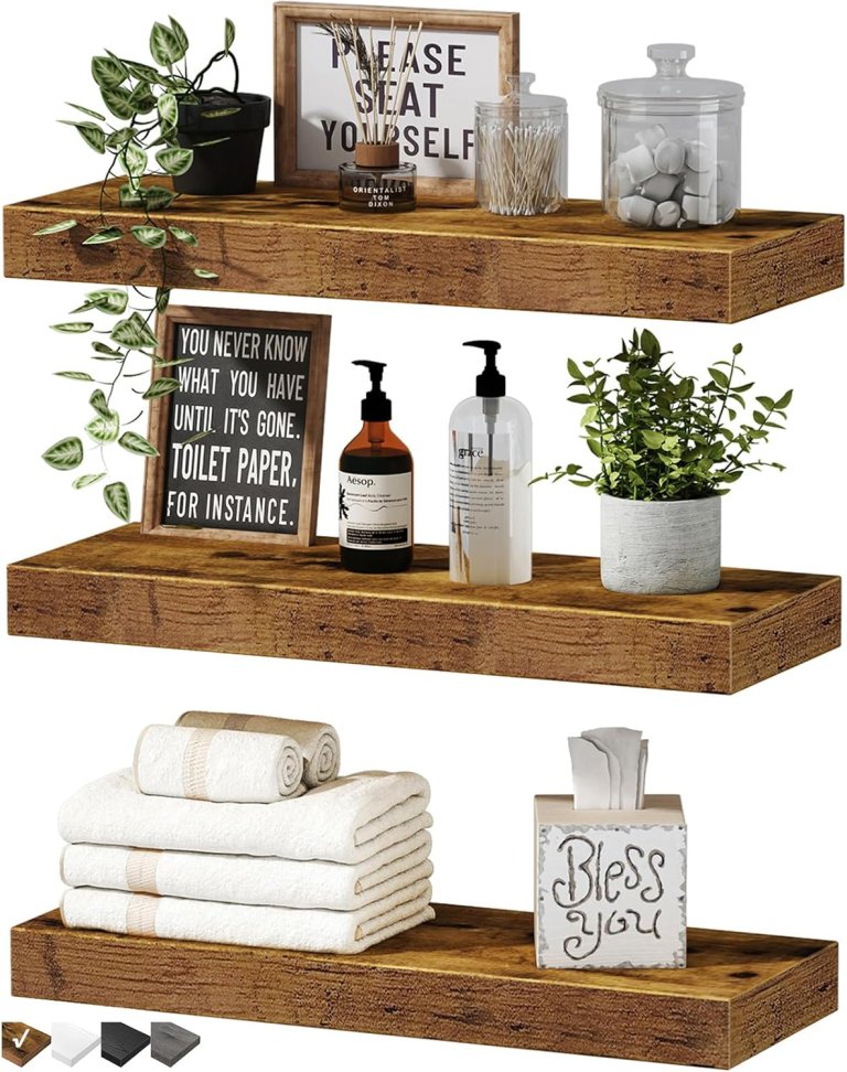 QEEIG Floating Shelves on a white background with plants, towels, tissues, toiletries, and art